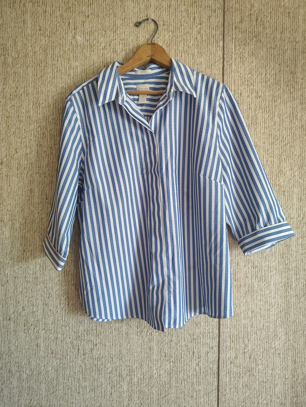 Chico's Blue & White Stripe Button-Up Shirt with Back Button Detail, sz 2 (12)